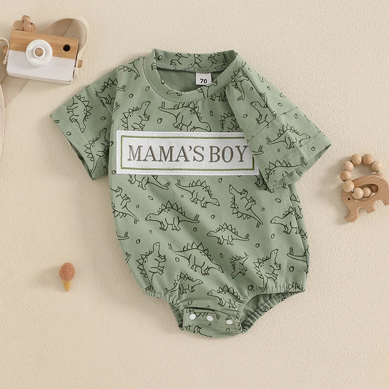 Lioraitiin Baby Boy Dinosaur Romper Letter Embroidery Short Sleeve