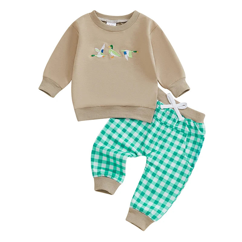 Lioraitiin Toddler Baby Boy Girl Duck Long Sleeve Sweatshirt Plaid