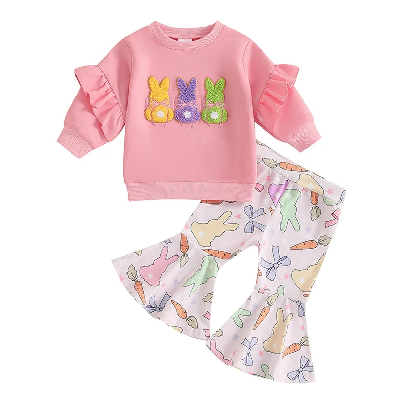 Lioraitiin Toddler Girl Easter Outfit Bunny Embroidery Long Sleeve