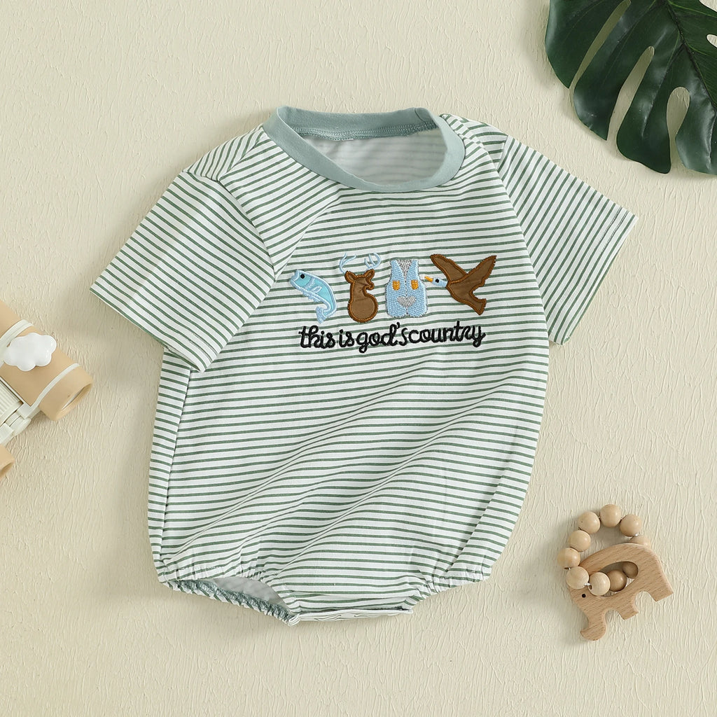 Lioraitiin Baby Boys Rompers Letter Animals Embroidery Stripe O-Neck