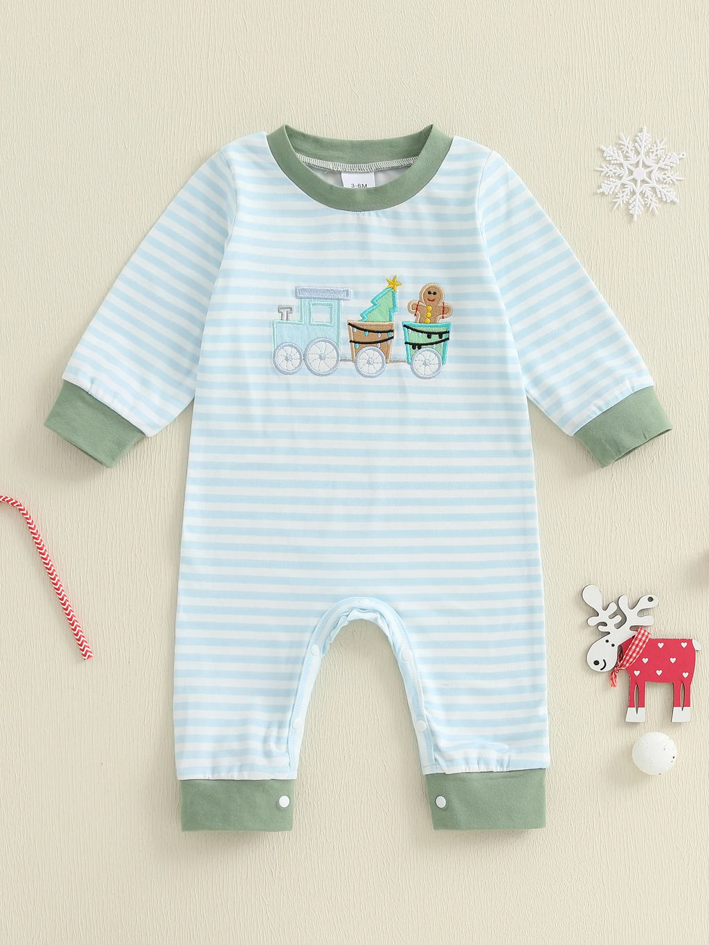 Lioraitiin Baby Boy Romper Embroidered Striped Crew Neck Long Sleeve