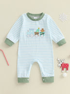 Lioraitiin Baby Boy Romper Embroidered Striped Crew Neck Long Sleeve