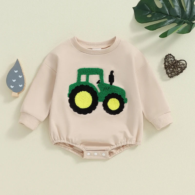 Lioraitiin Baby Girls Boys Romper Long Sleeve Crewneck Tractor