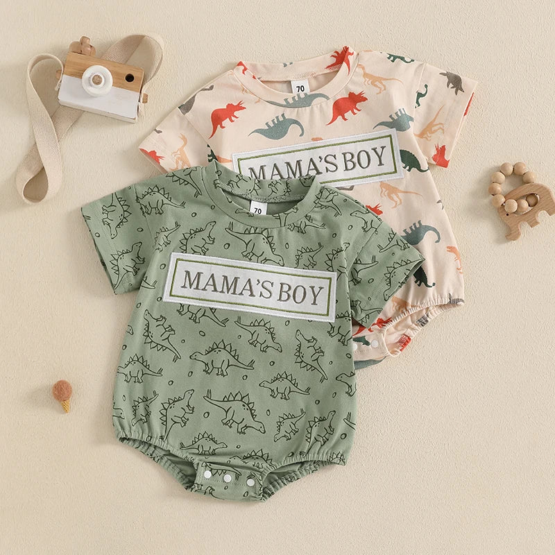 Lioraitiin Baby Boy Dinosaur Romper Letter Embroidery Short Sleeve