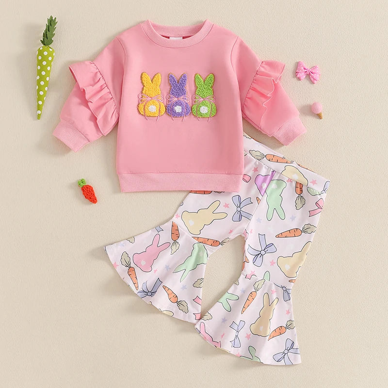 Lioraitiin Toddler Girl Easter Outfit Bunny Embroidery Long Sleeve