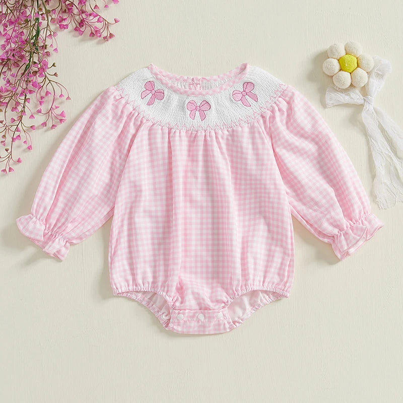 Newborn Baby Girls Cute Romper Bow Embroidery Plaid Long Sleeve