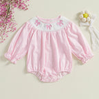 Newborn Baby Girls Cute Romper Bow Embroidery Plaid Long Sleeve
