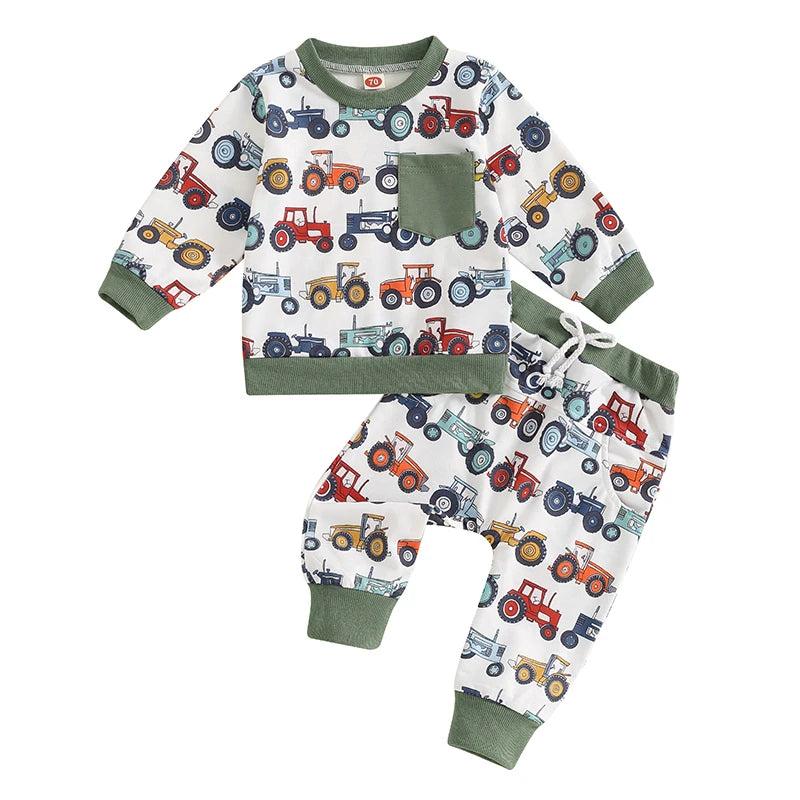 Lioraitiin Baby Boy 2Pcs Farm Outfits Long Sleeve Tractor Print