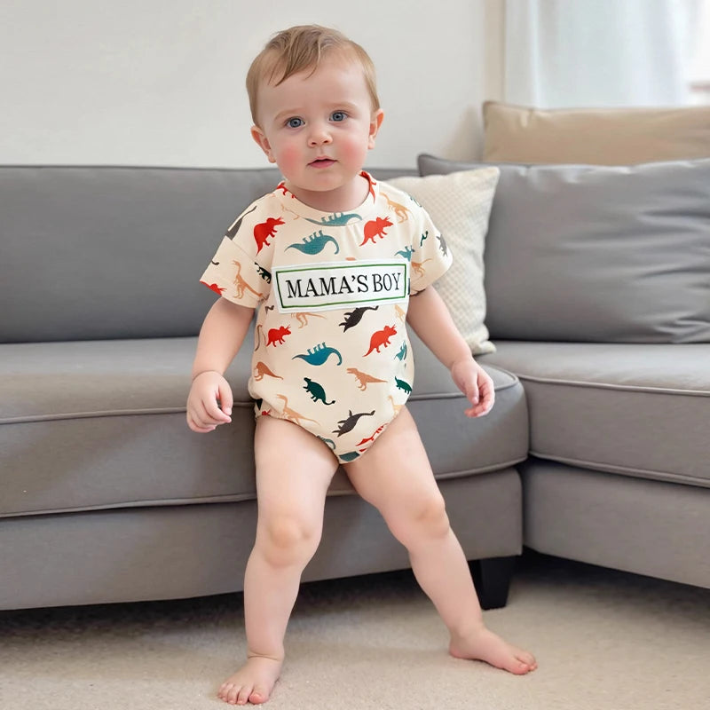 Lioraitiin Baby Boy Dinosaur Romper Letter Embroidery Short Sleeve