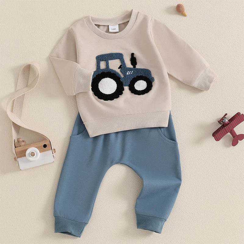 Lioraitiin Toddler Boy Outfits Tractor Embroidery Long Sleeve