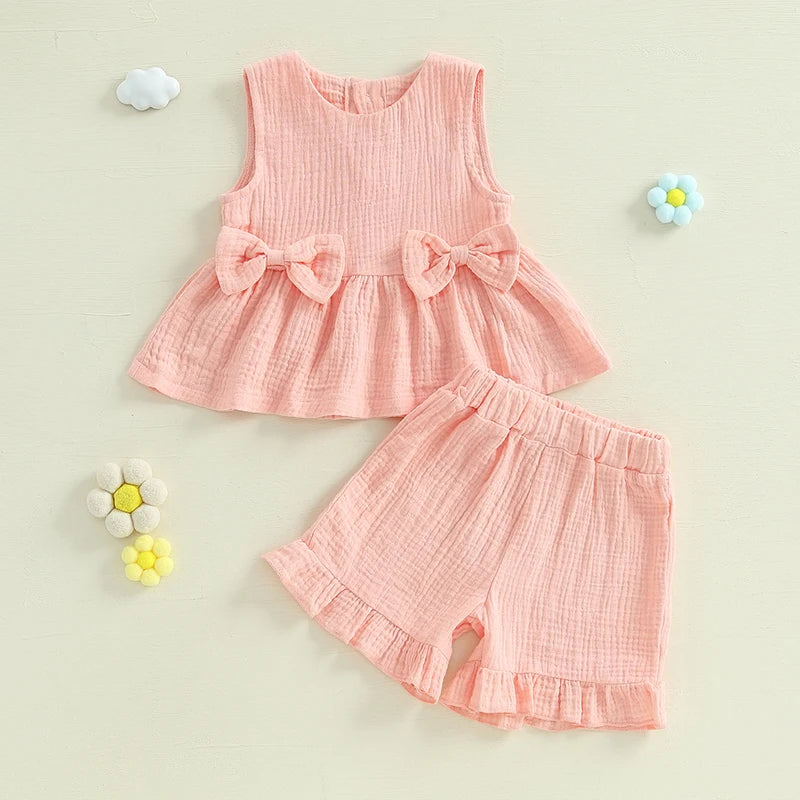 Lioraitiin Toddler Baby Girl Solid Color Bow Round Neck Tank Tops +