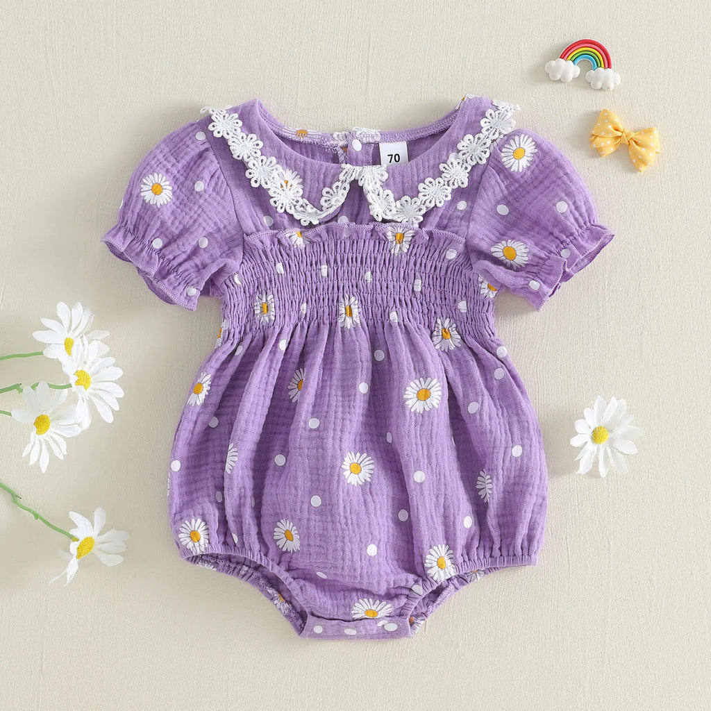 Lioraitiin Infant Baby Girl Romper Puff Short Sleeve Doll Collar