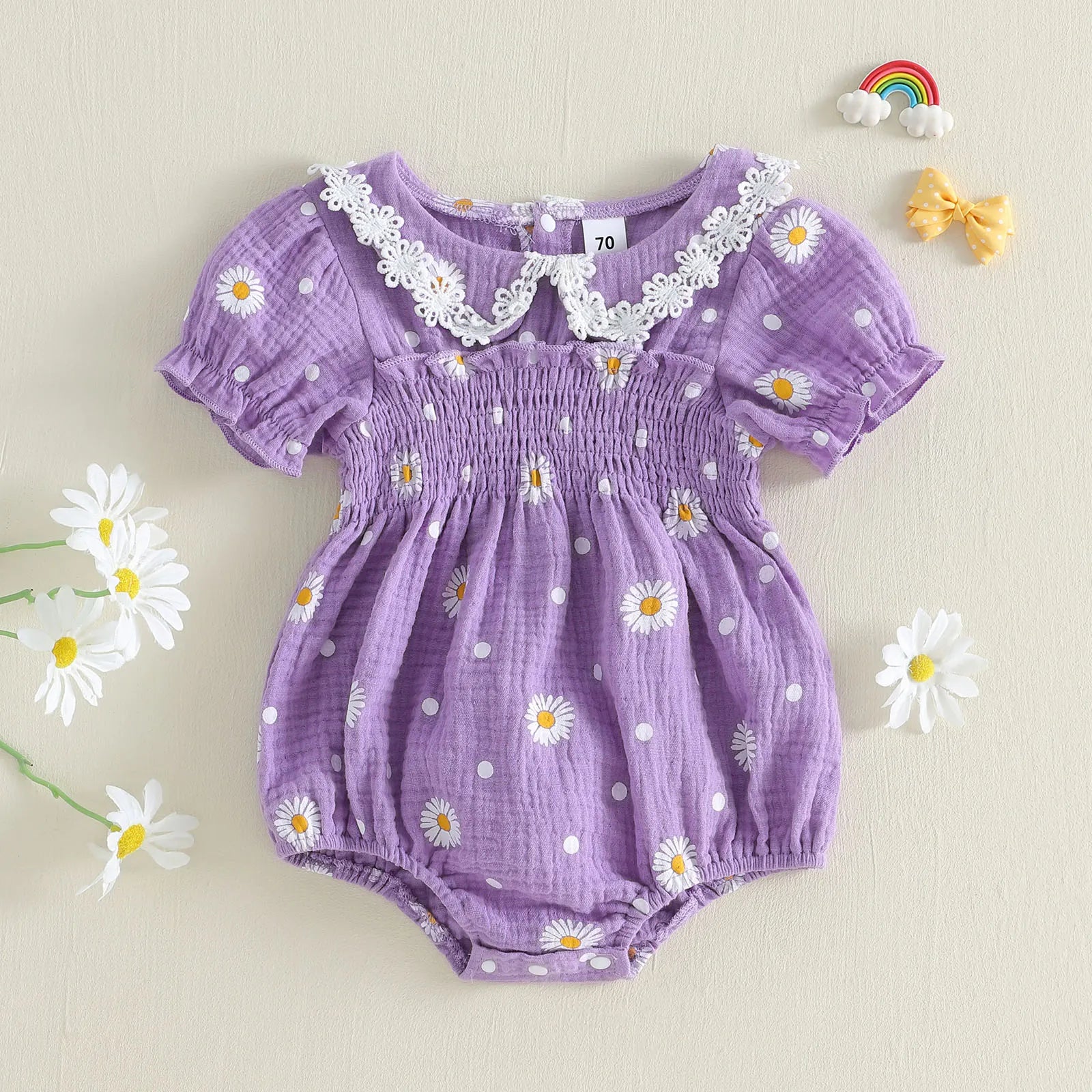Lioraitiin Infant Baby Girl Romper Puff Short Sleeve Doll Collar