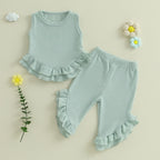 Lioraitiin Toddler Girl Outfits Solid Waffle Round Neck Ruffled Tank