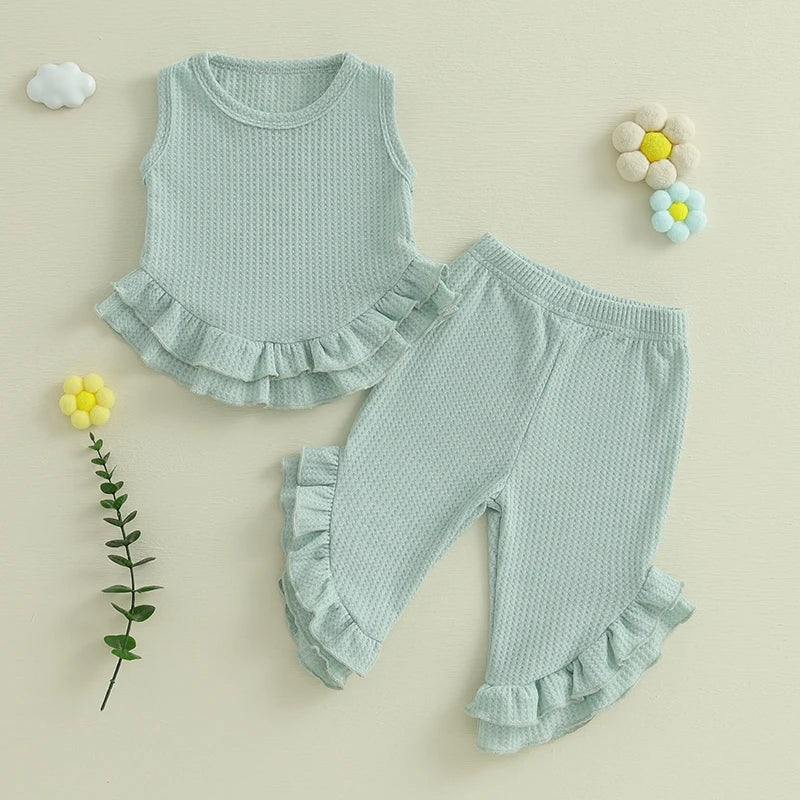 Lioraitiin Toddler Girl Outfits Solid Waffle Round Neck Ruffled Tank