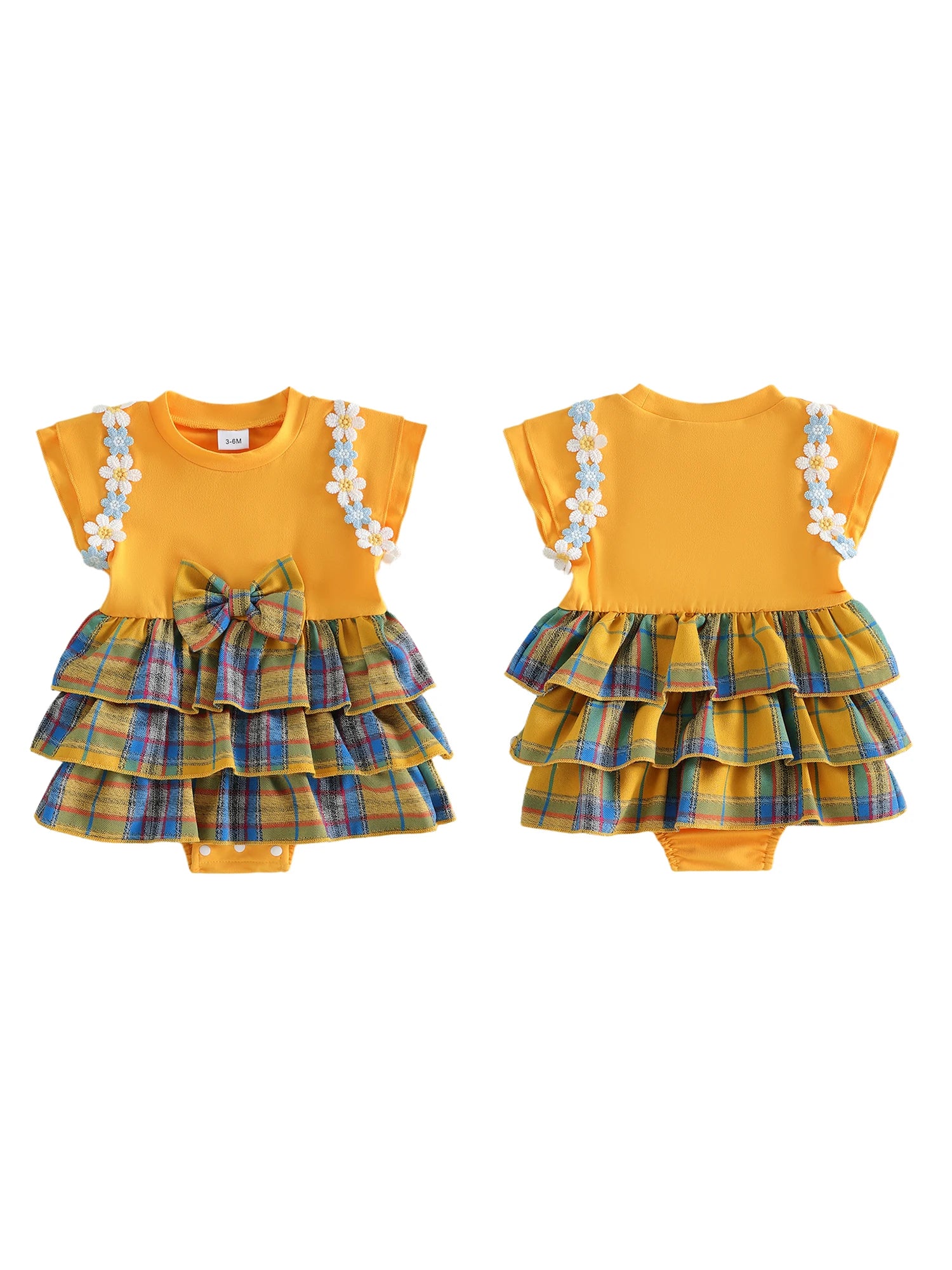 Lioraitiin Baby Girls Rompers Floral Embroidery Plaid Ruffles Skirt
