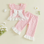 Lioraitiin 2Pcs Toddler Girls Outfits Flying Sleeve Crew Neck Plaid
