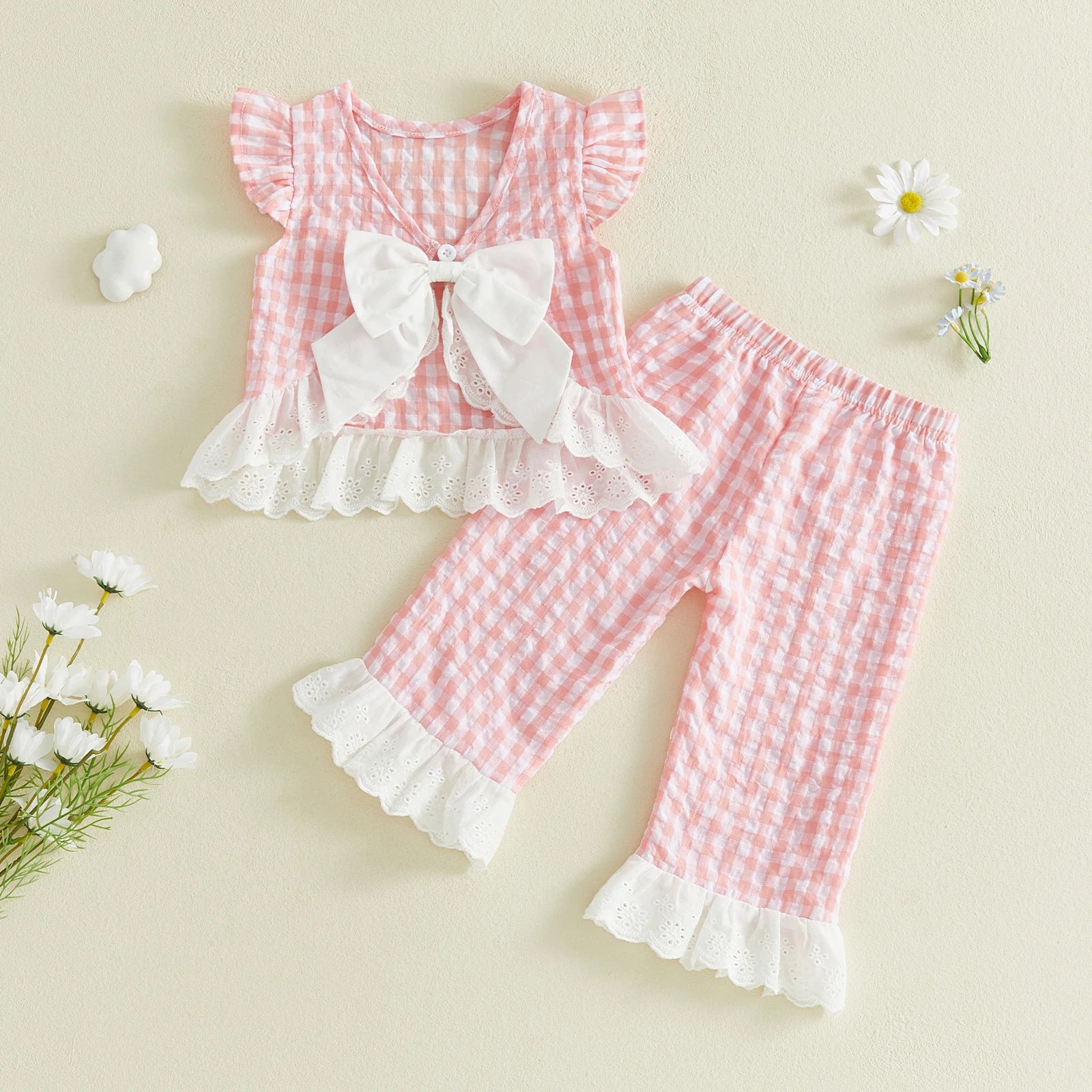 Lioraitiin 2Pcs Toddler Girls Outfits Flying Sleeve Crew Neck Plaid