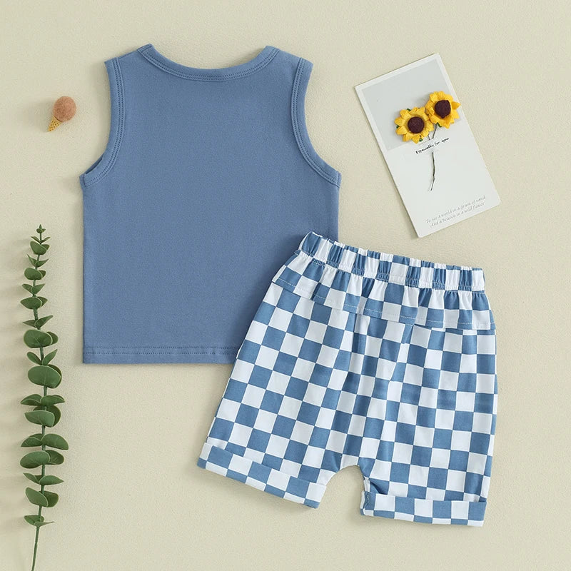 lioraitiin Baby Boy Solid Sleeveless Tank Top Checkered Shorts 2Pcs