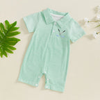 Lioraitiin Baby Boys Striped Jumpsuit Short Sleeve Turn Down Collar