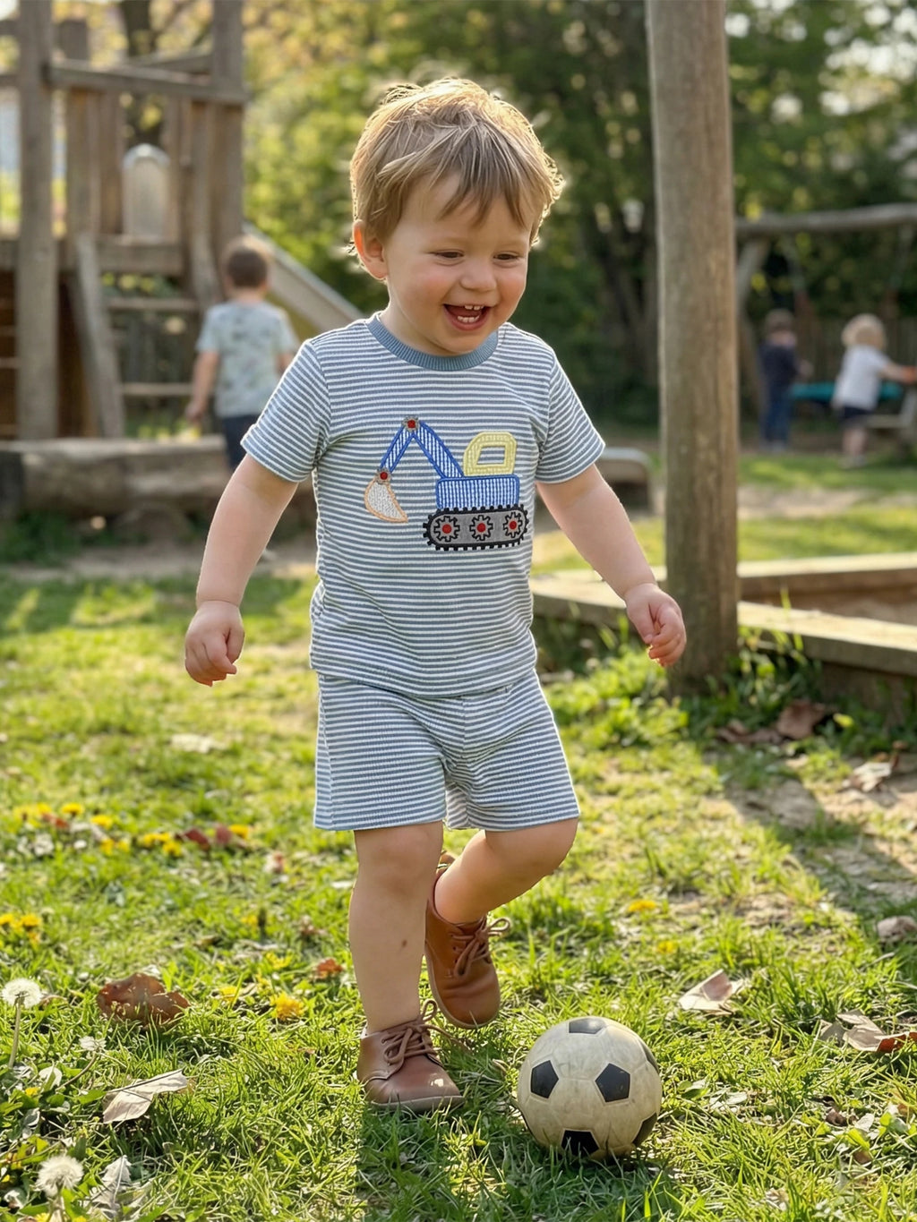 Toddler Baby Boy Outfit Excavator Embroidered Striped Short Sleeve