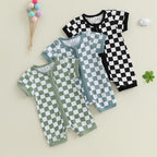 Lioraitiin Baby Boys Romper Checkerboard Print Short Sleeve Round