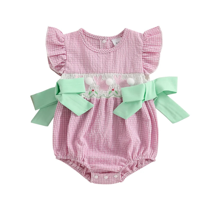 Lioraitiin Baby Girls Rompers Easter Rabbit Embroidery Plaid Fly