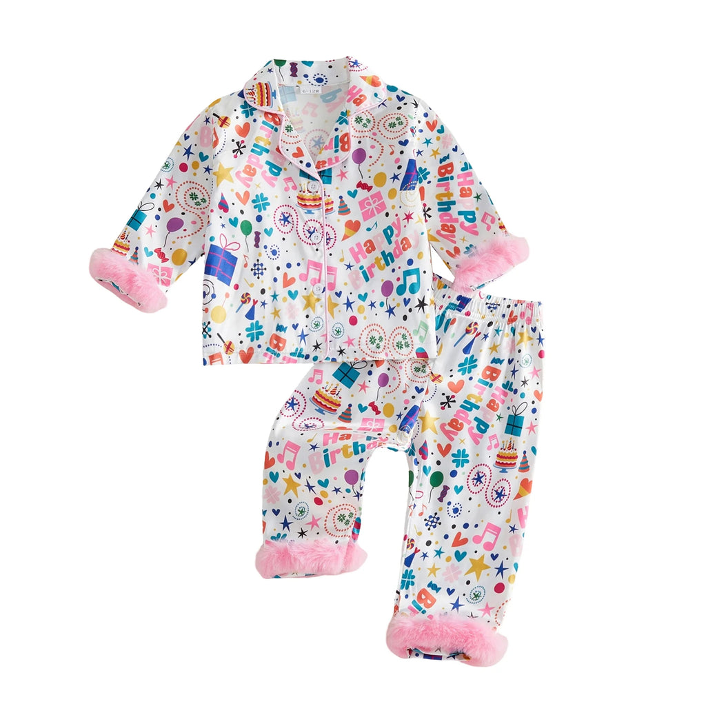 Toddler Girls Birthday Pajamas Set Long Sleeve Cartoon Print Fur