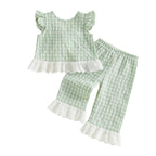 Lioraitiin 2Pcs Toddler Girls Outfits Flying Sleeve Crew Neck Plaid