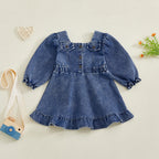 Lioraitiin Toddler Baby Girl Denim Dress Long Puff Sleeve Button Down