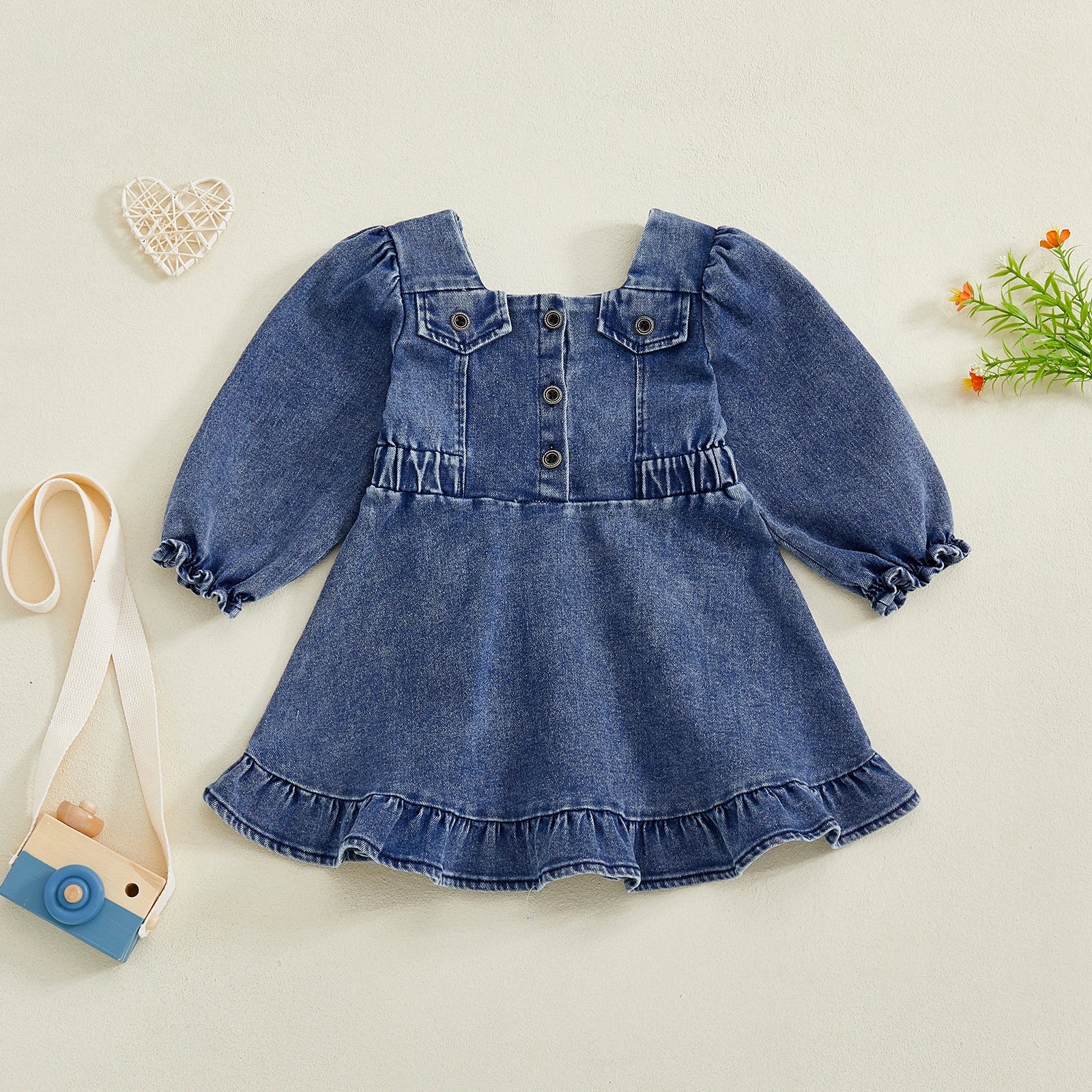 Lioraitiin Toddler Baby Girl Denim Dress Long Puff Sleeve Button Down