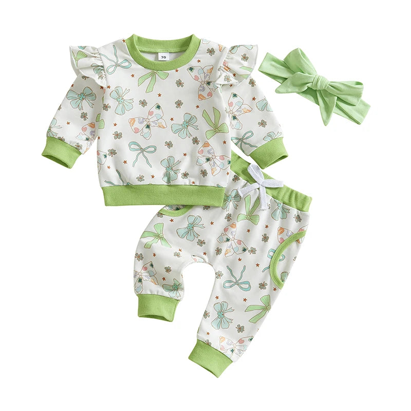 Lioraitiin Toddler Baby Girl Irish Outfits Bow Clover Print Crew Neck