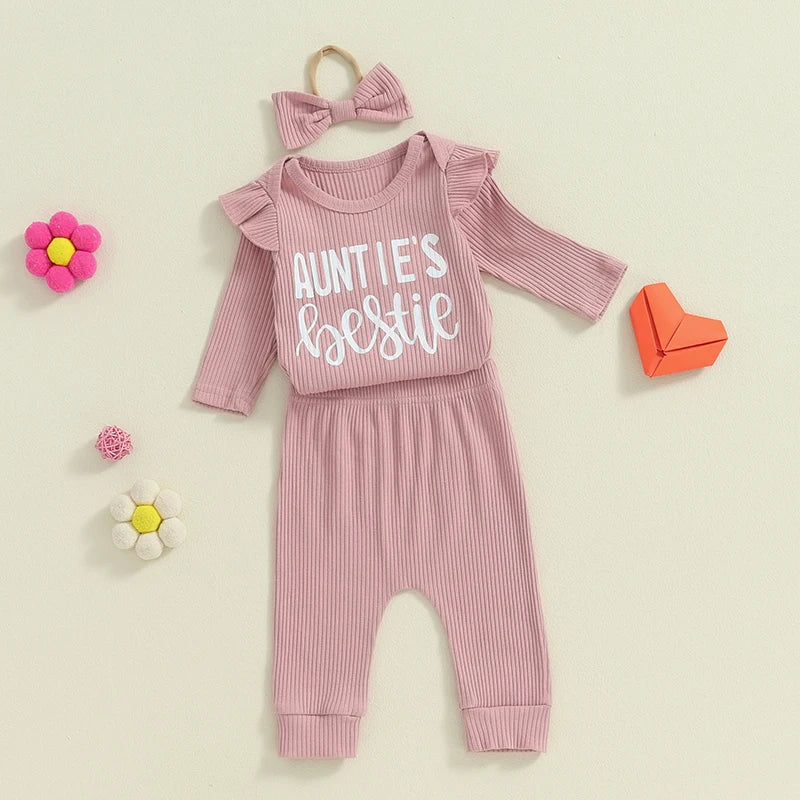 Lioraitiin Baby Girls Ribbed Set Letter Print Long Sleeve Round Neck