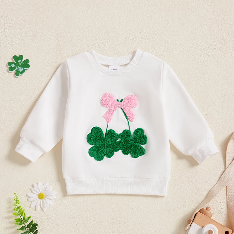 Toddler Baby Girl Irish Sweatshirt Bow Clover Embroidery Long Sleeve