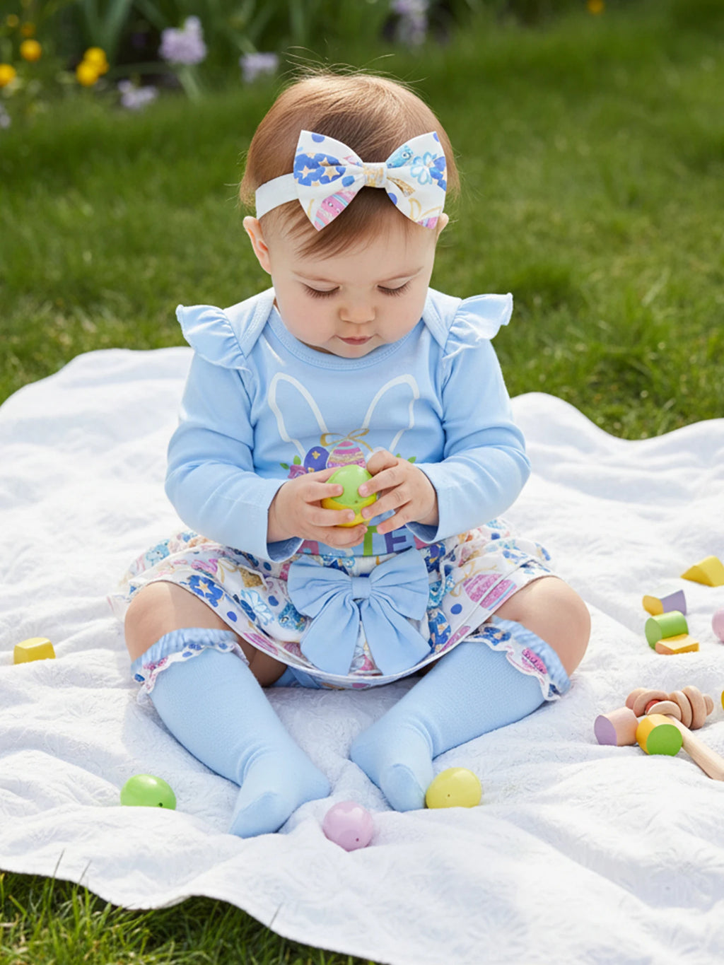 Baby Girl Easter Outfit, Long Sleeve Letters Romper with Eggs Print