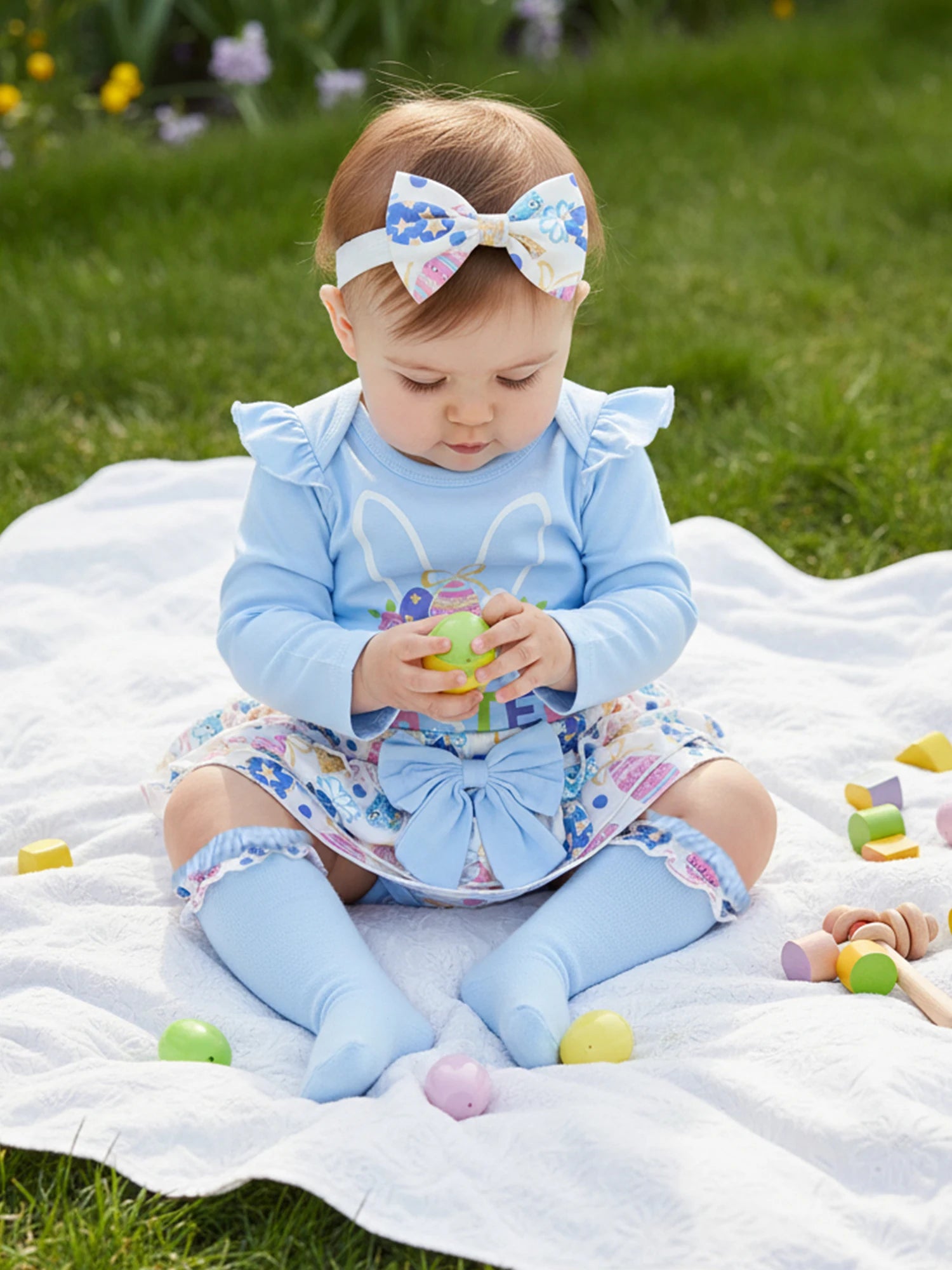 Baby Girl Easter Outfit, Long Sleeve Letters Romper with Eggs Print