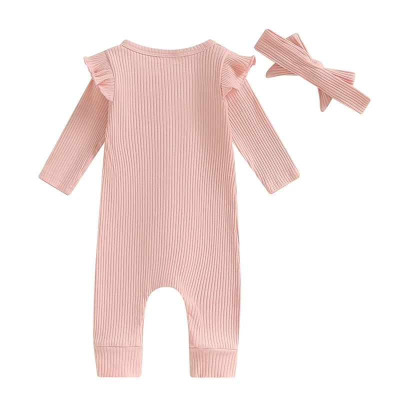 Lioraitiin Baby Girl Rompers Solid Color Buttons Frills Crew Neck