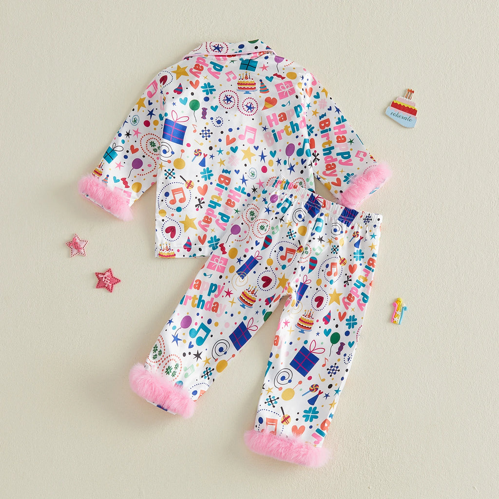 Toddler Girls Birthday Pajamas Set Long Sleeve Cartoon Print Fur