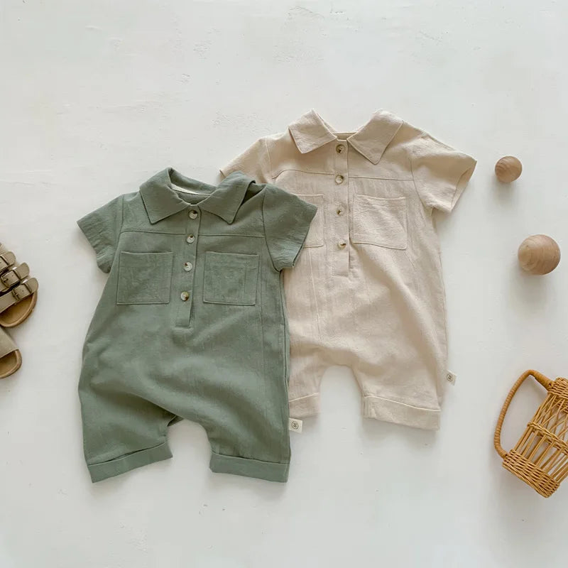Lioraitiin Baby Boy Jumpsuit Short Sleeve Lapel Button Up Solid Color