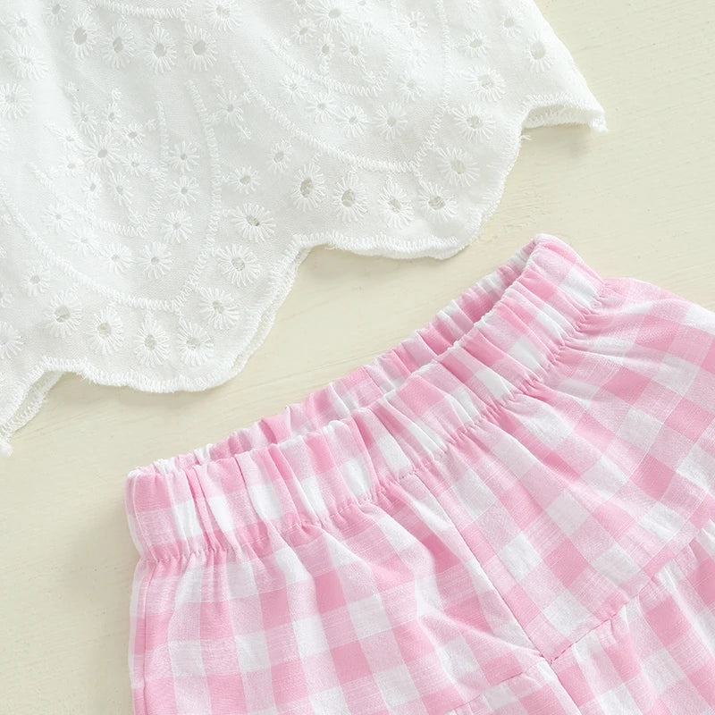 Lioraitiin Toddler Girl Eyelet Embroidery Cami Tops+Elastic Waist