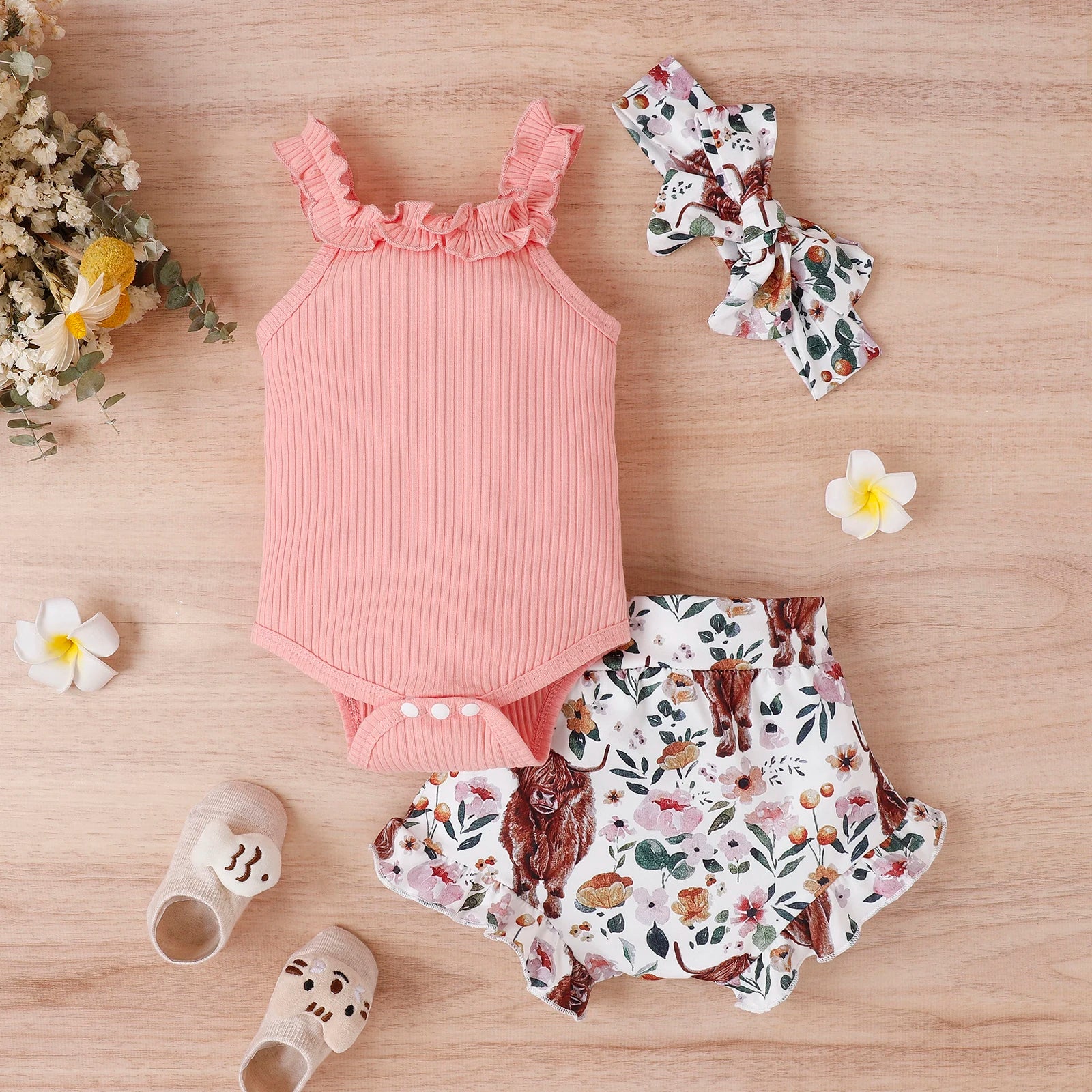 Lioraitiin 0-18M Infant Baby Girl 3Pcs Off Shoulder Romper Tops Bull