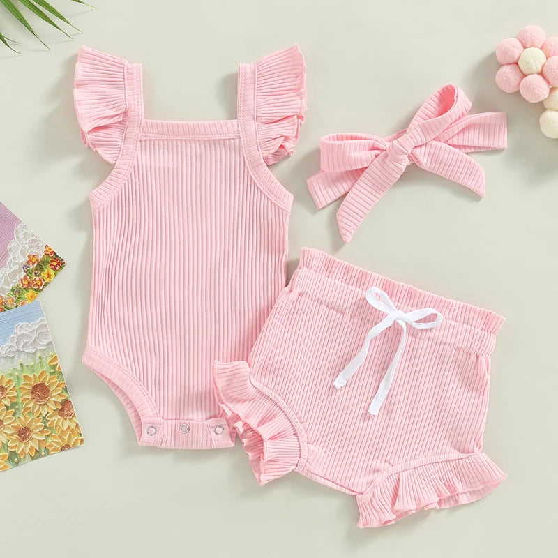 Lioraitiin 0-18M Toddler Girls 3Pcs Fly Sleeve Solid Romper Tops