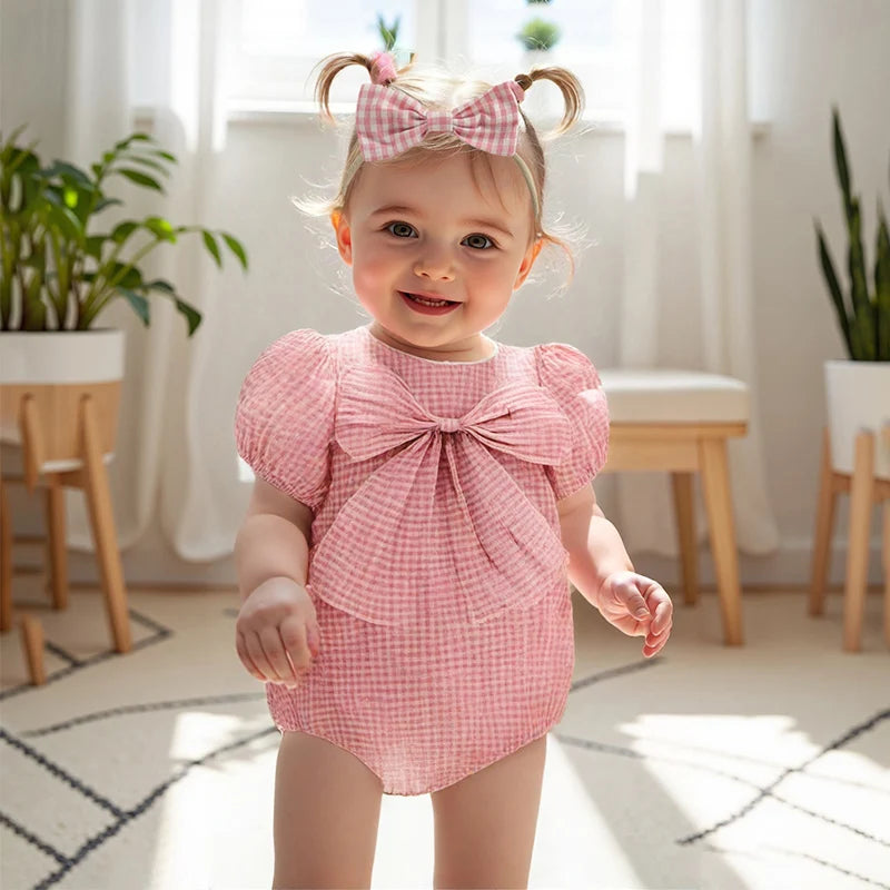 Lioraitiin Baby Girls Sweet Romper Short Sleeve Round Neck Plaid