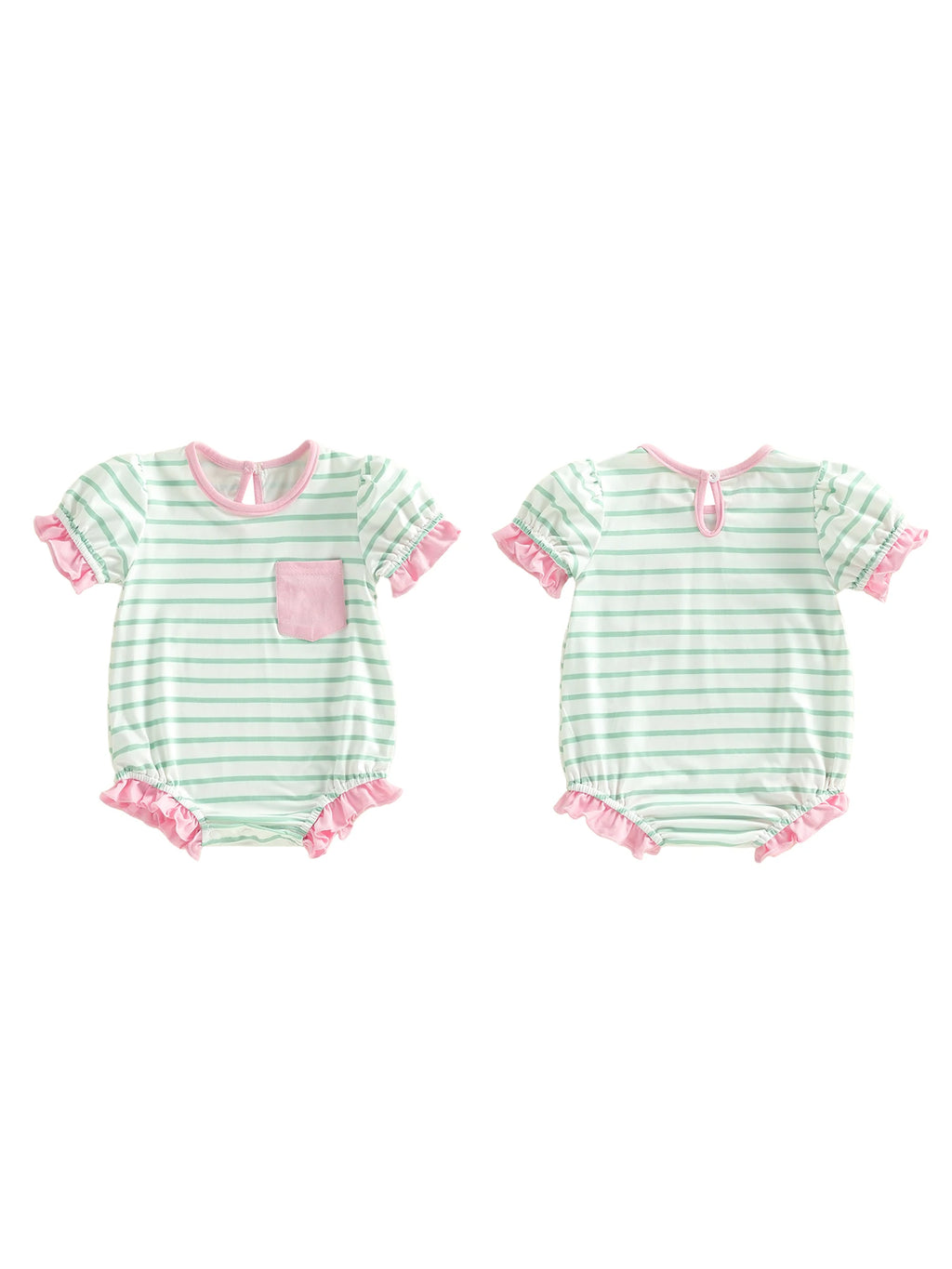 Lioraitiin Baby Girl Striped Romper Ruffle Trim Short Sleeve Crewneck