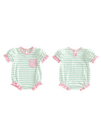 Lioraitiin Baby Girl Striped Romper Ruffle Trim Short Sleeve Crewneck