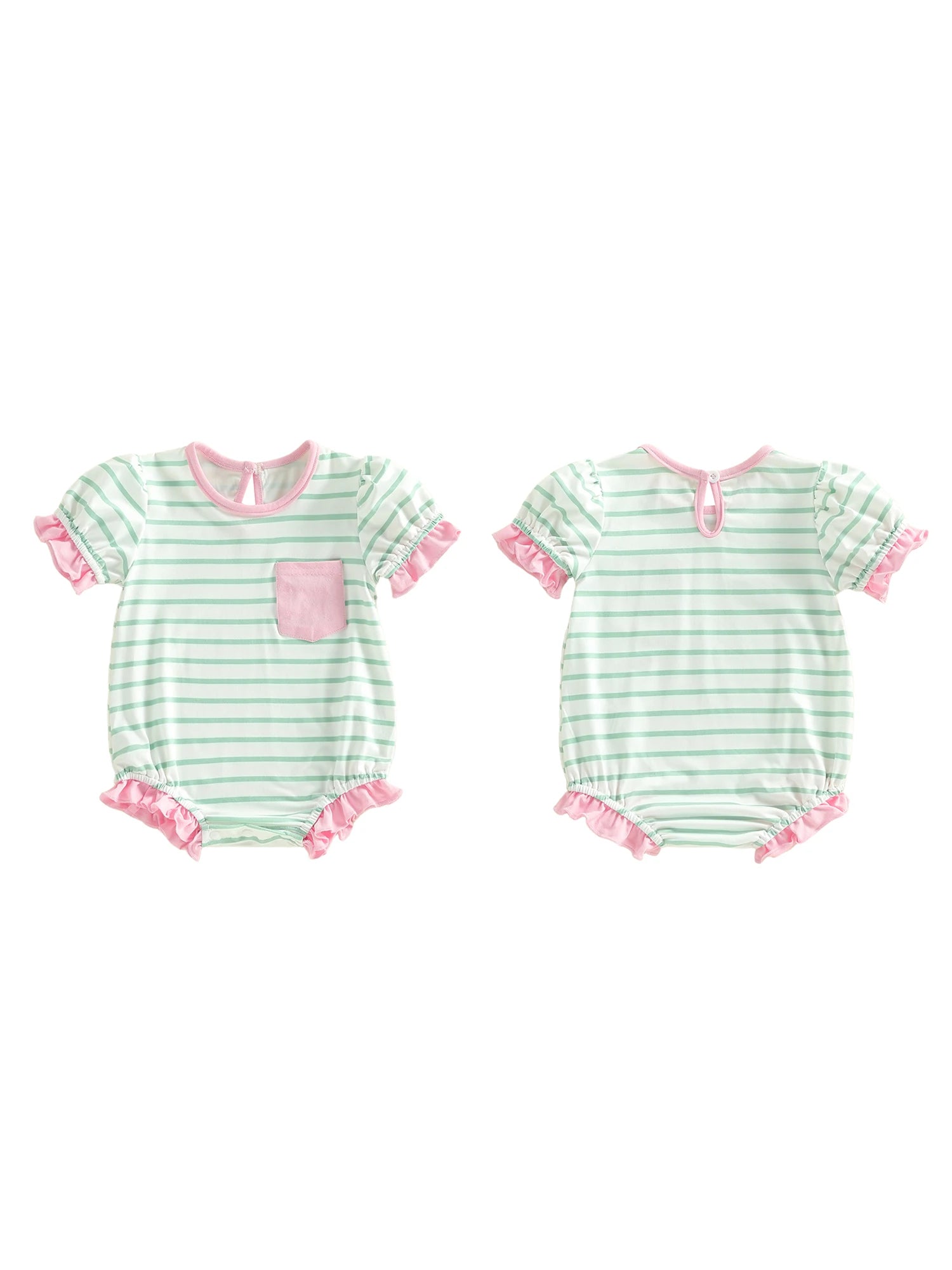 Lioraitiin Baby Girl Striped Romper Ruffle Trim Short Sleeve Crewneck