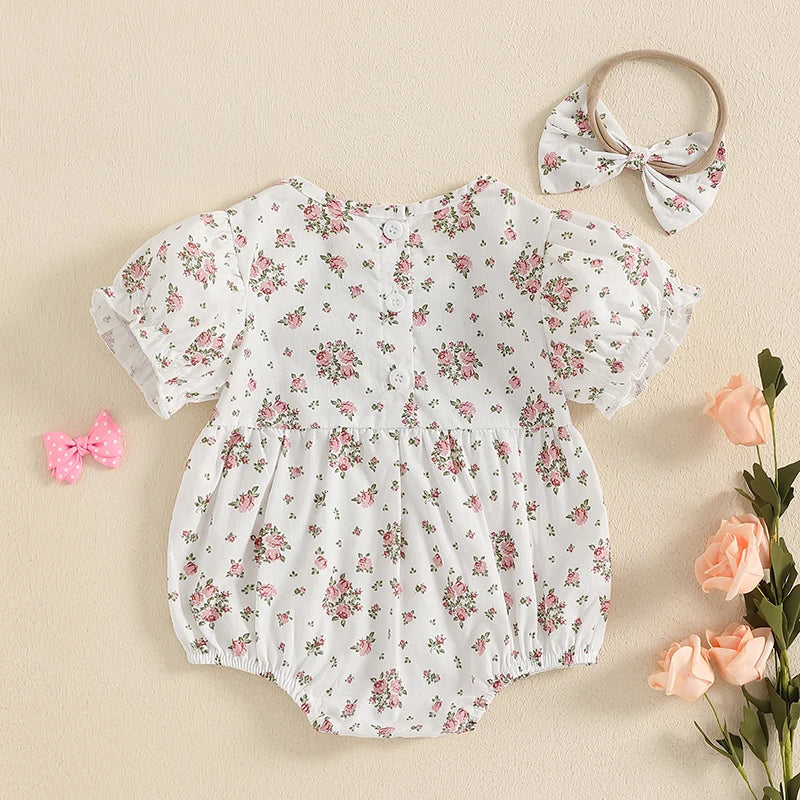 Lioraitiin Baby Girl Outfits Floral Pattern Smocked Crew Neck Short
