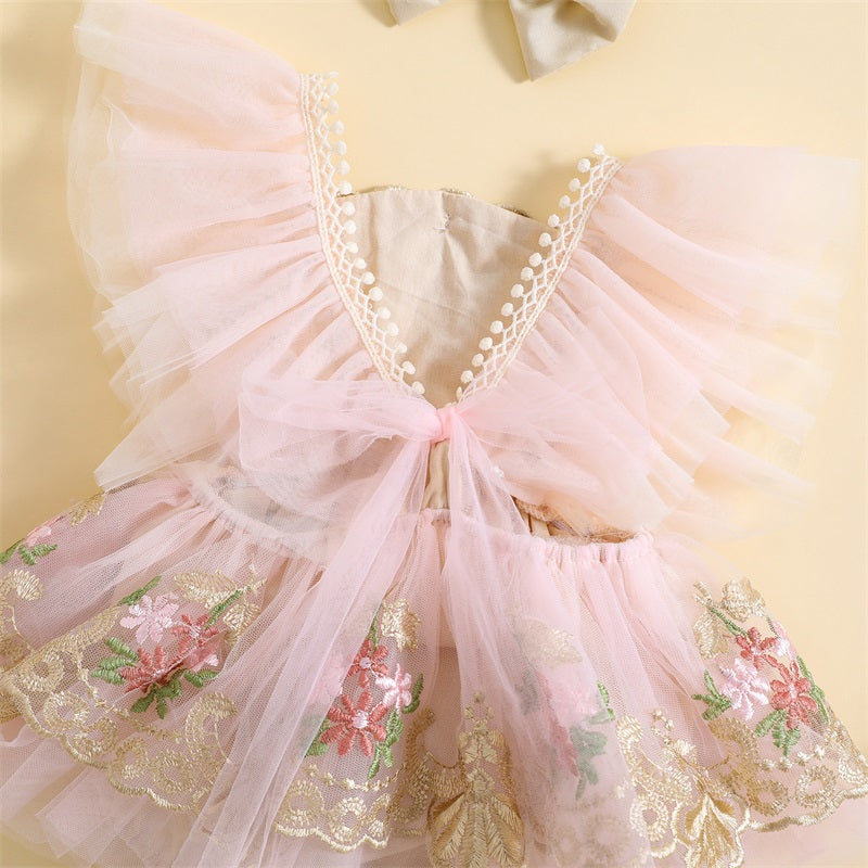 Lioraitiin 0-24M Newborn Girl Outfit Embroidery Flower Fly Sleeve