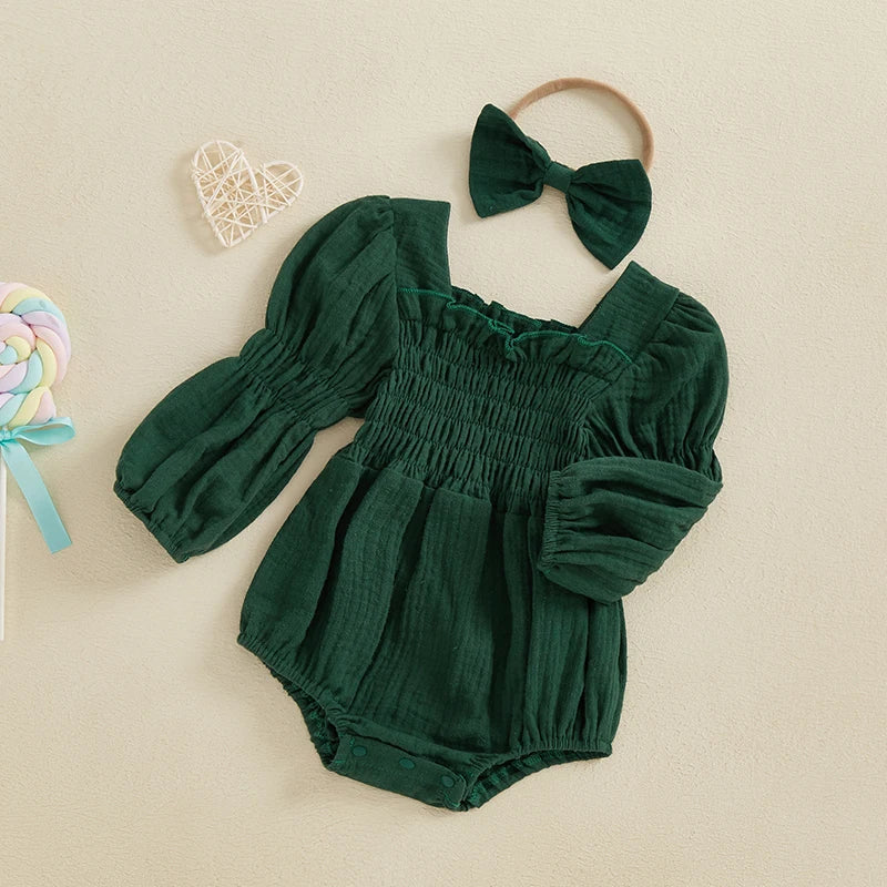 Lioraitiin Baby Girls Romper Long Sleeve Square Neck Solid Color