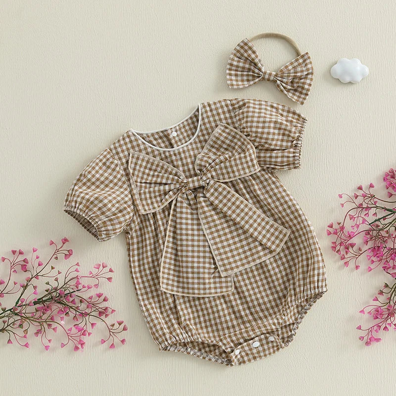 Lioraitiin Baby Girls Sweet Romper Short Sleeve Round Neck Plaid